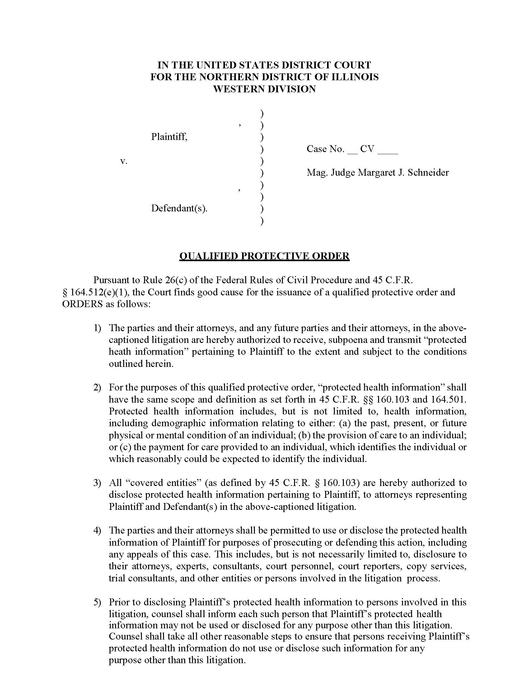 Qualified Protective Order (HIPAA - Mag. Judge Schneider) | Pdf Fpdf Docx | Illinois