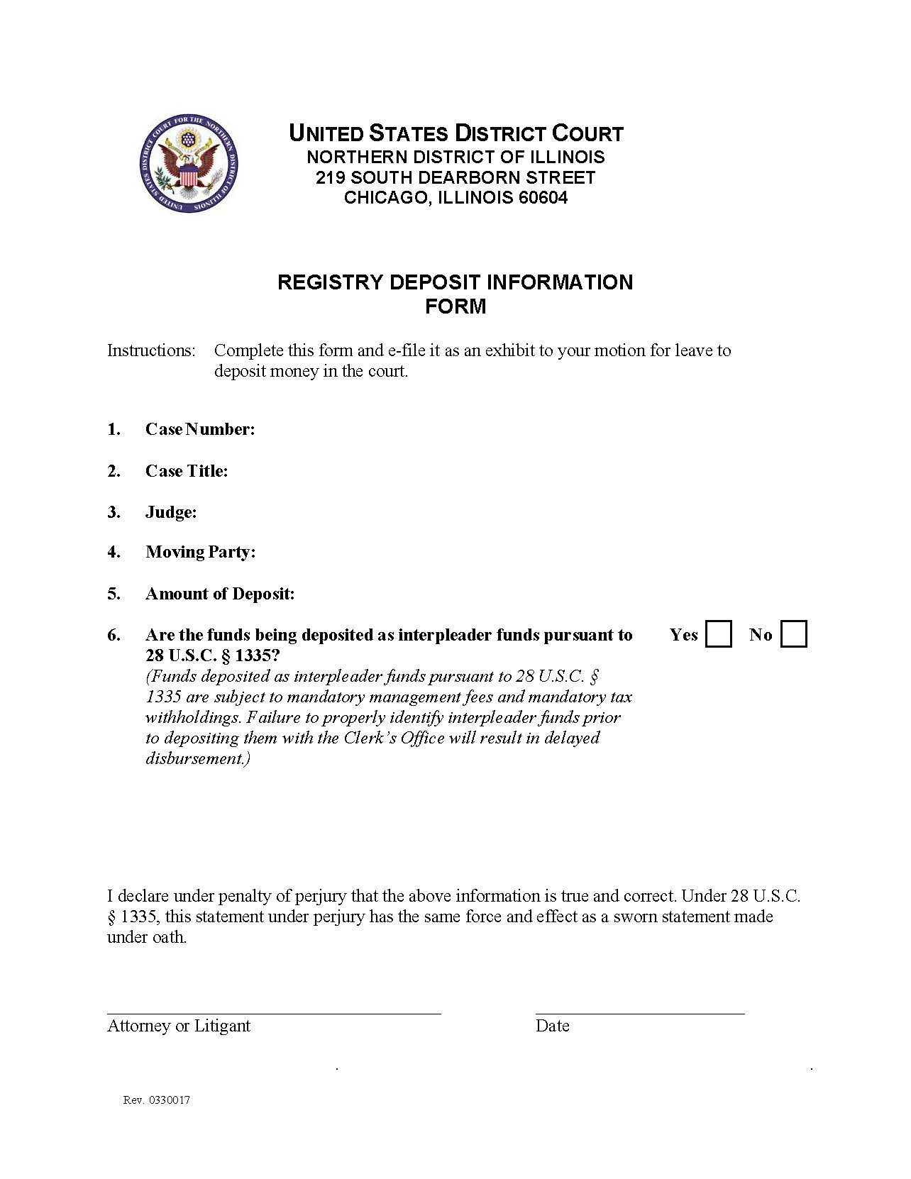 Registry Deposit Form | Pdf Fpdf Docx | Illinois
