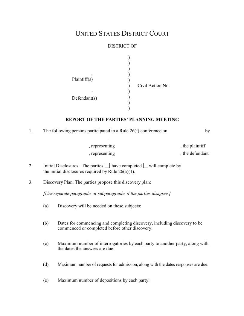 Report Of The Parties Planning Meeting {ILND RPPM} | Pdf Fpdf Docx | Illinois