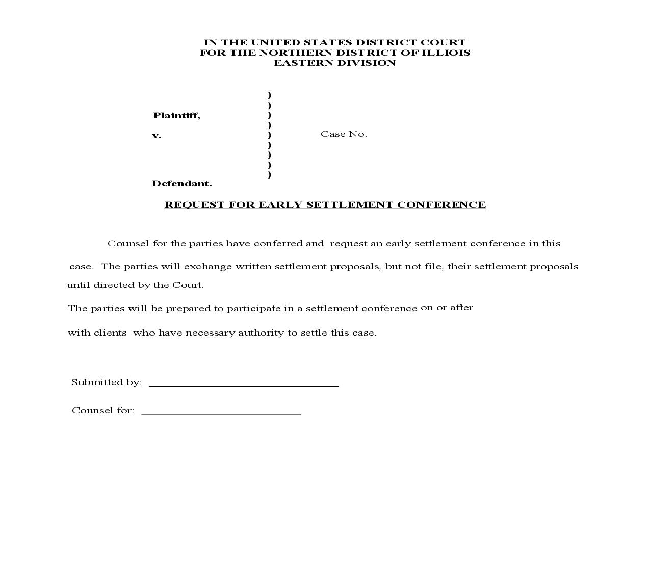 Request For Early Settlement Conference | Pdf Fpdf Doc Docx | Illinois