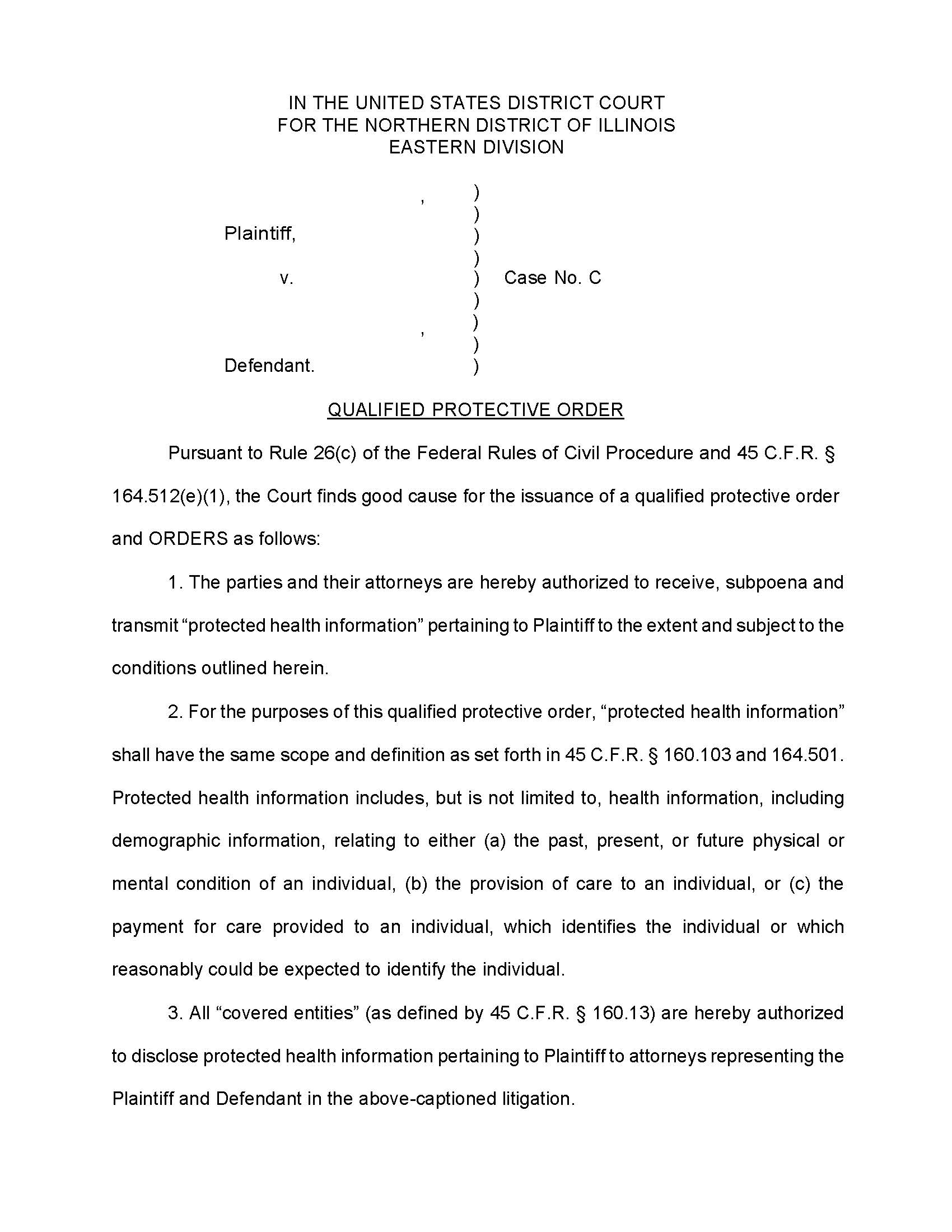 Sample Qualified Protective Order (HIPAA) | Pdf Fpdf Docx | Illinois