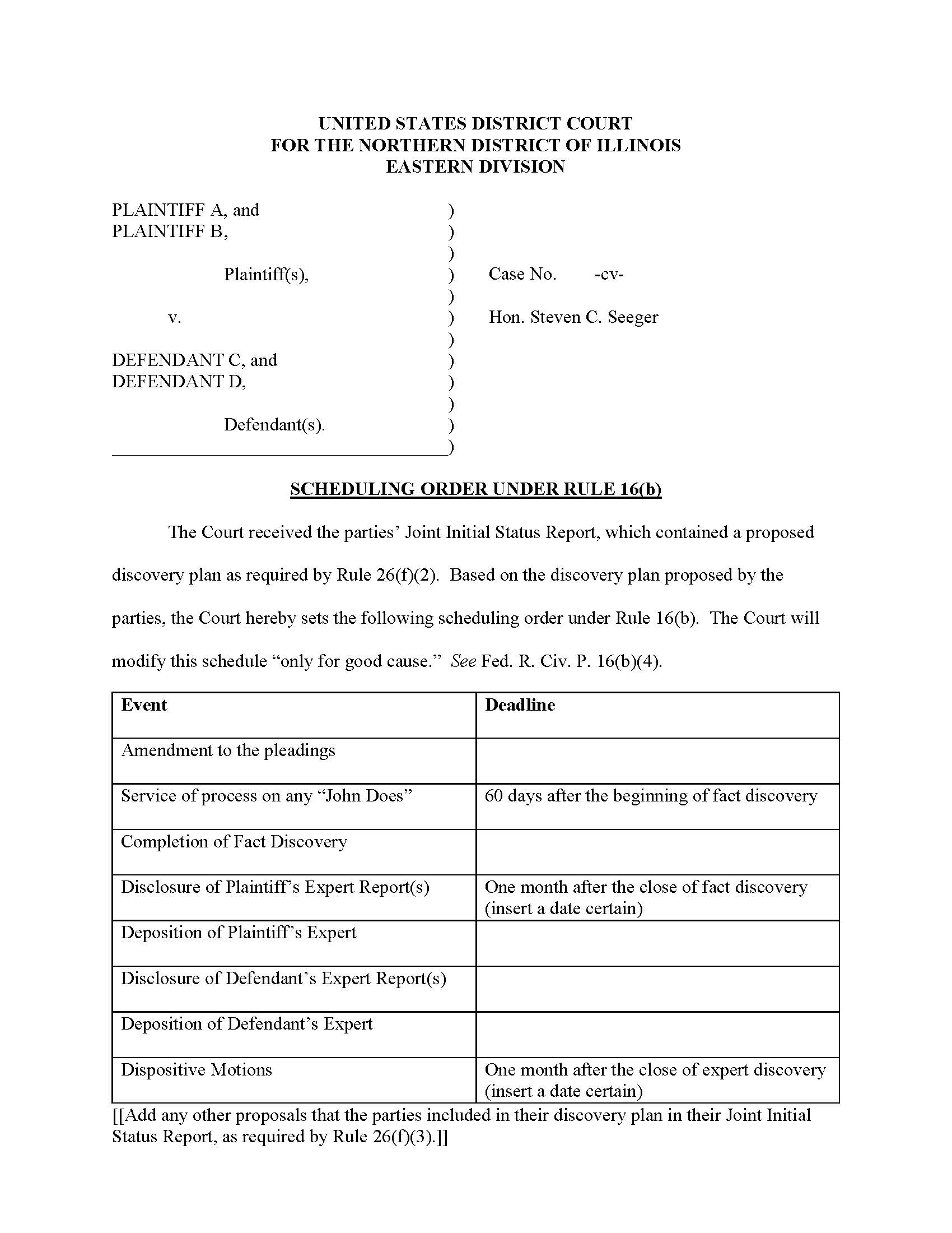Scheduling Order Under Rule 16(b) (Judge Seeger) | Pdf Fpdf Docx | Illinois