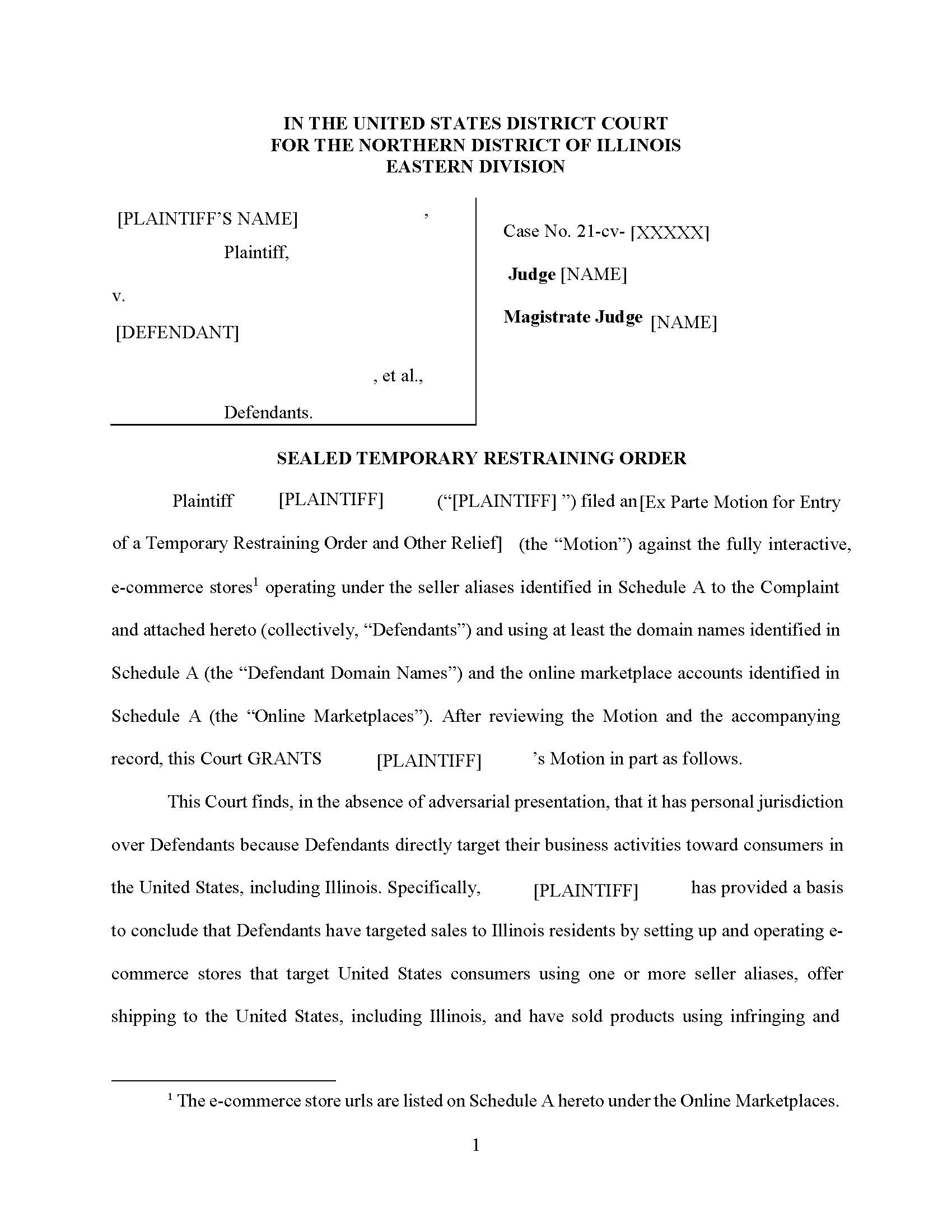 Sealed Temporary Restraining Order {ILND STRO} | Pdf Fpdf Docx | Illinois