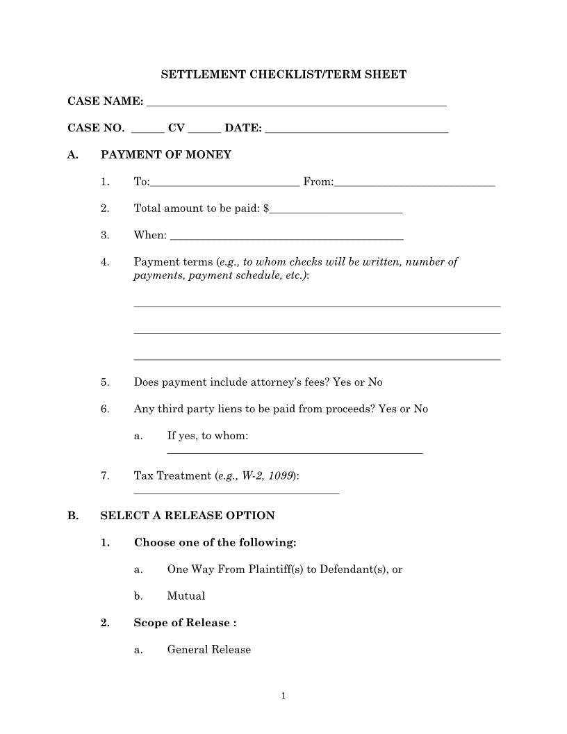 Settlement Checklist-Term Sheet (Judge Chang) {ILND SCTS_C} | Pdf Fpdf Docx | Illinois