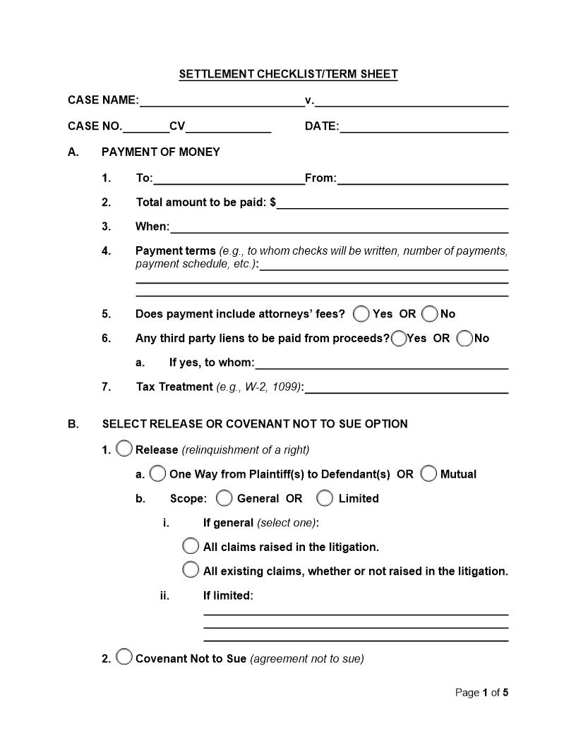 Settlement Checklist-Term Sheet (Mag. Judge Finnegan) {ILND SCTS_F} | Pdf Fpdf Docx | Illinois