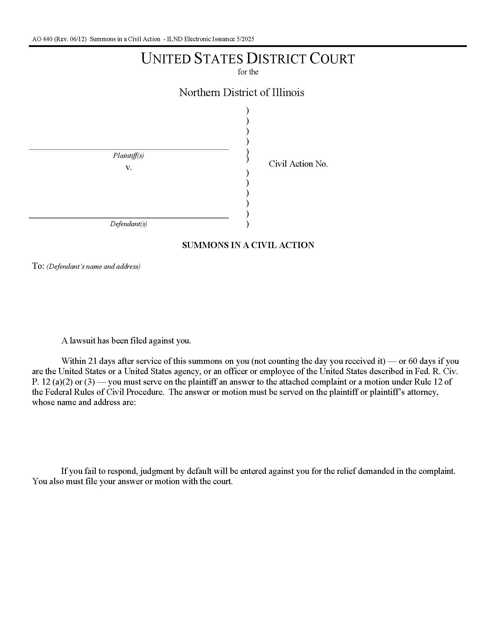Summons In A Civil Action {AO440} | Pdf Fpdf Doc Docx | Illinois