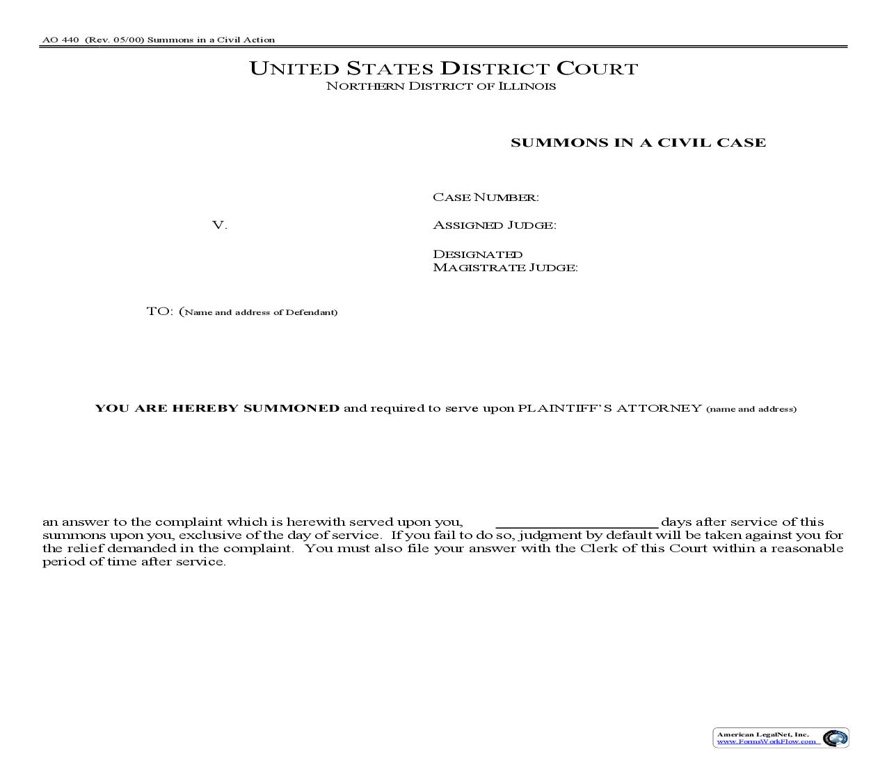 Summons In A Civil Case (ILND Electronic Version) {AO 440e} | Pdf Fpdf Doc Docx | Illinois