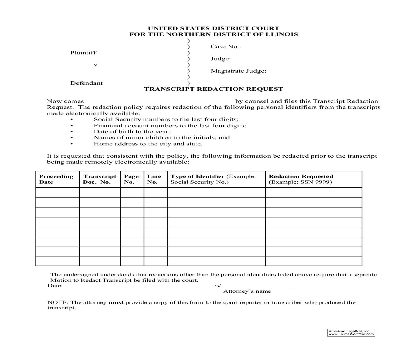 Transcription Redaction Request | Pdf Fpdf Doc Docx | Illinois