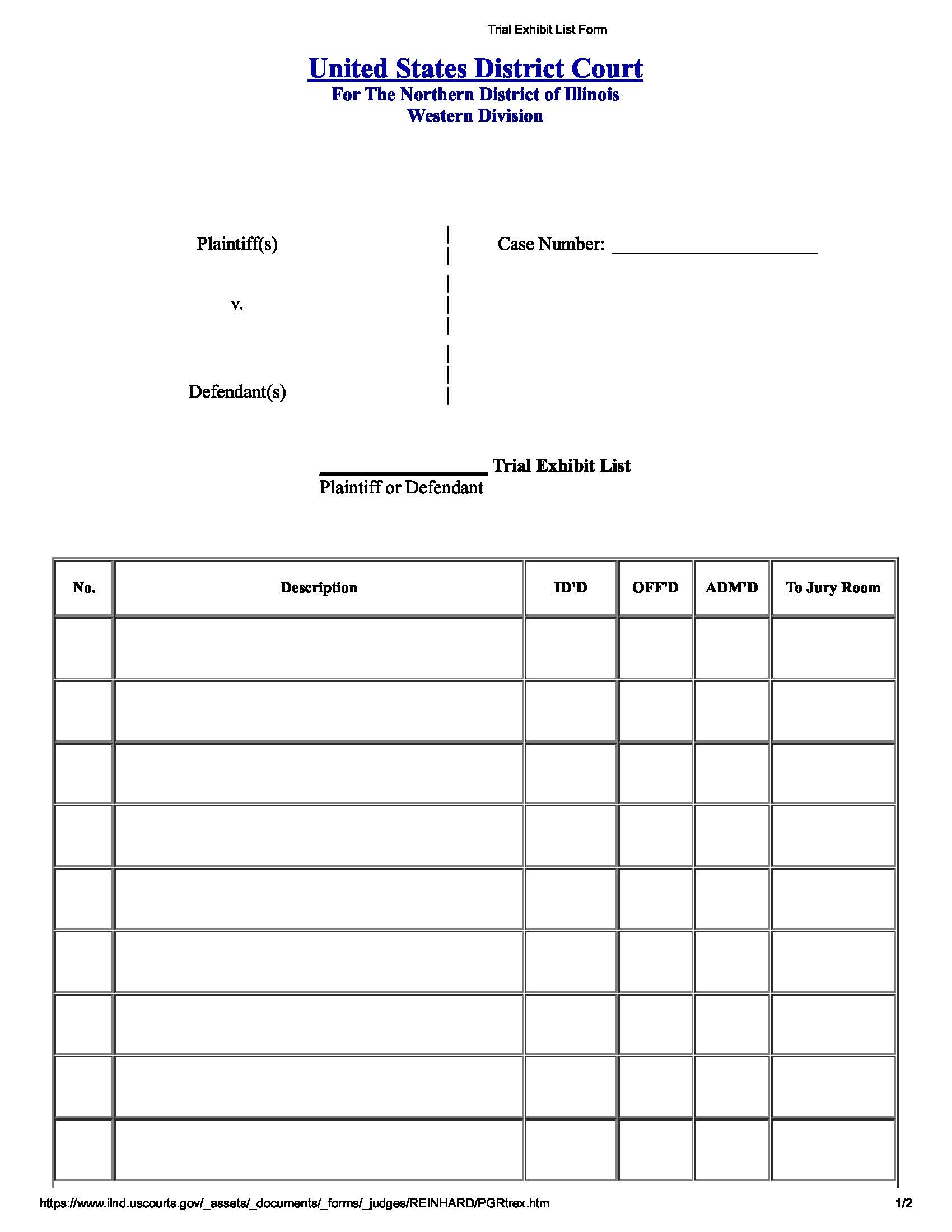 Trial Exhibit List Form (Western Division) | Pdf Fpdf Docx | Illinois