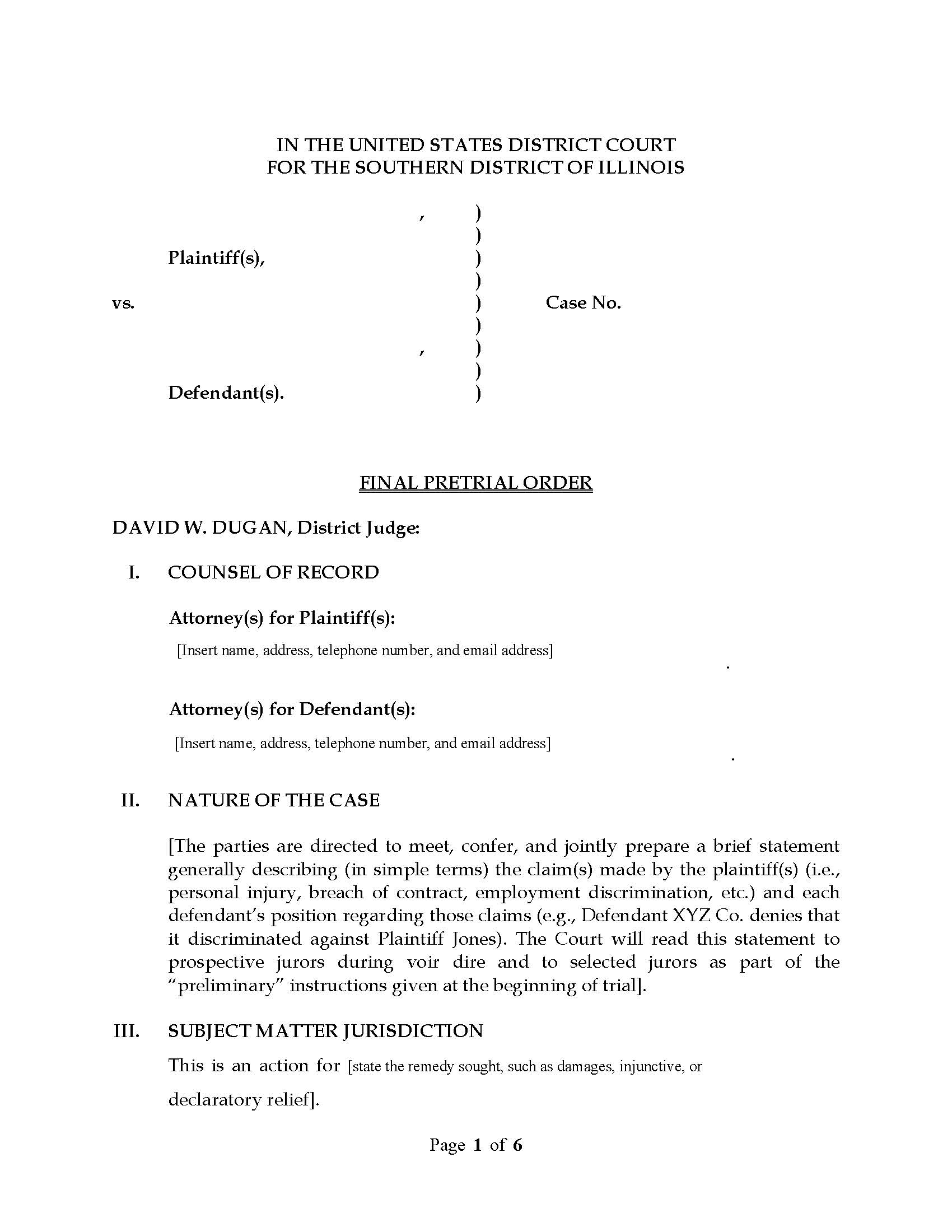 Final Pretrial Order (Judge Dugan) | Pdf Fpdf Docx | Illinois