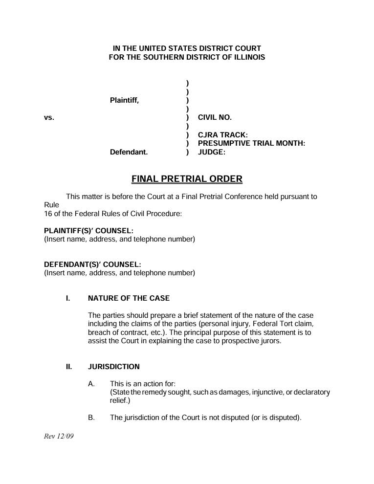 Final Pretrial Order (Judge Gilbert) | Pdf Fpdf Docx | Illinois