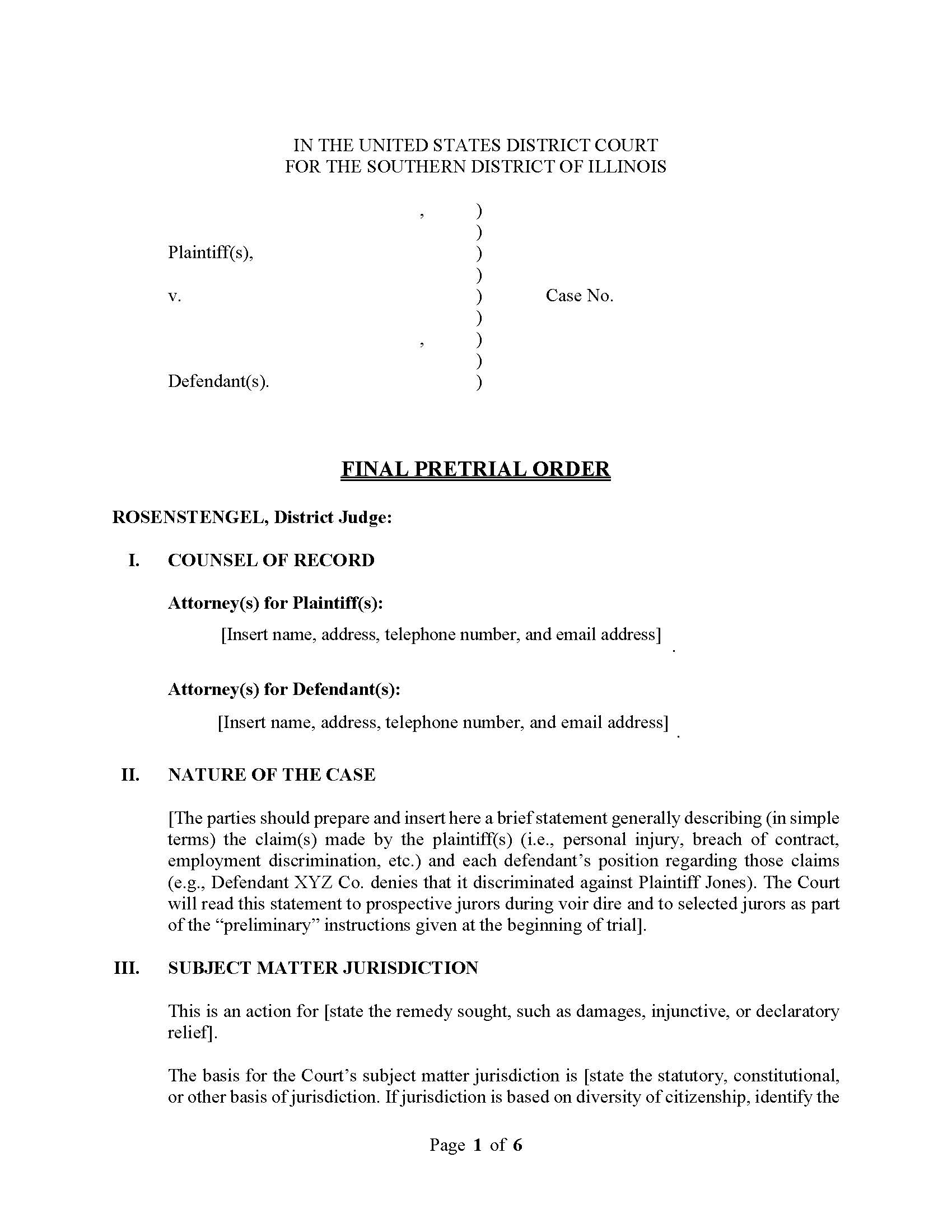 Final Pretrial Order (Judge Rosenstengel) | Pdf Fpdf Docx | Illinois
