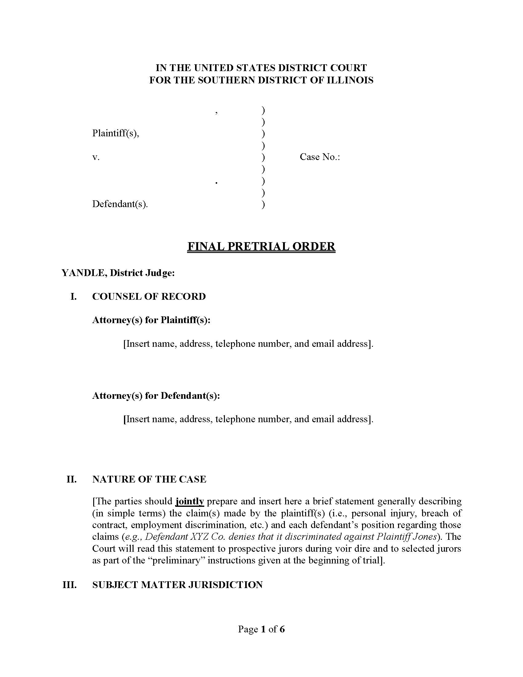 Final Pretrial Order (Judge Yandle) | Pdf Fpdf Docx | Illinois