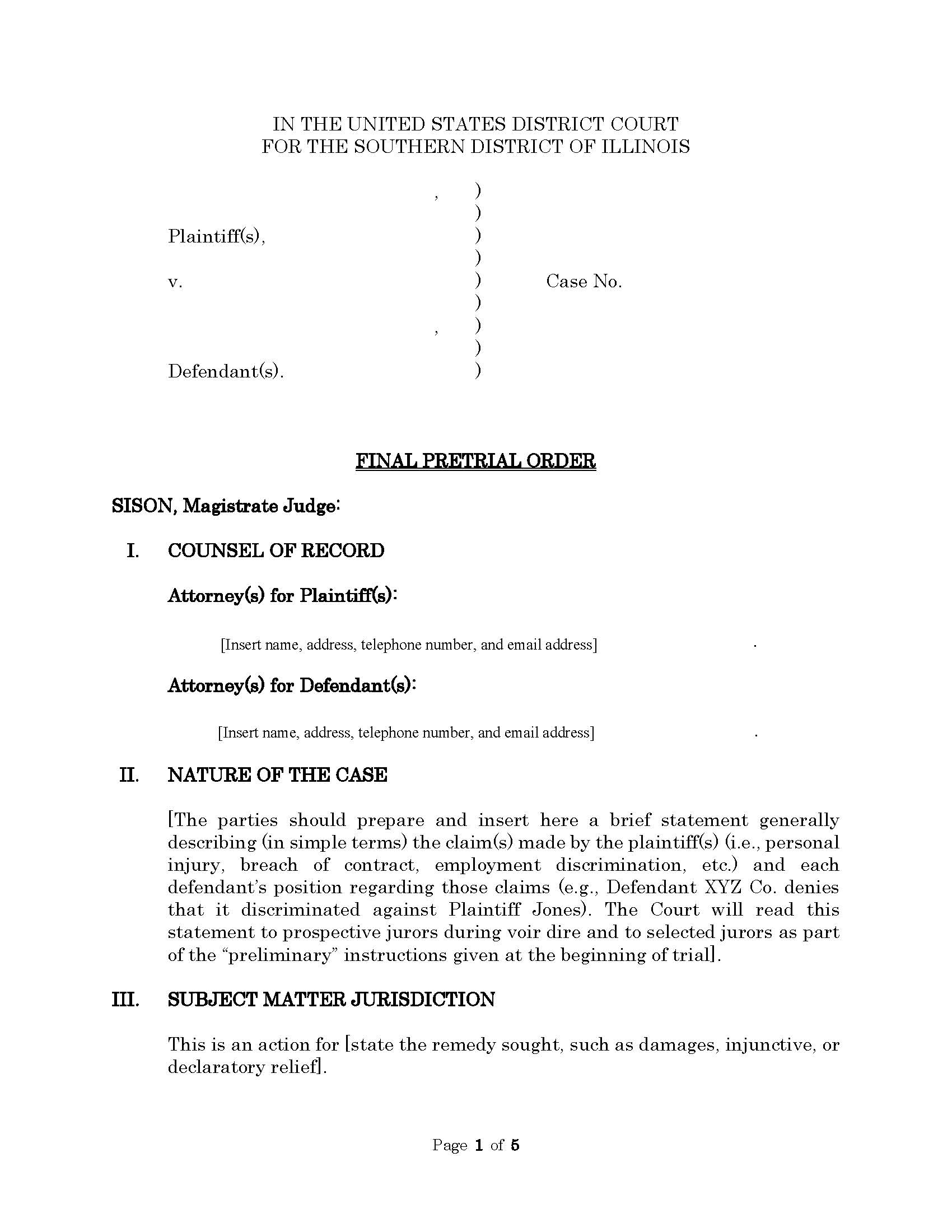 Final Pretrial Order (Mag. Judge Sison) | Pdf Fpdf Docx | Illinois