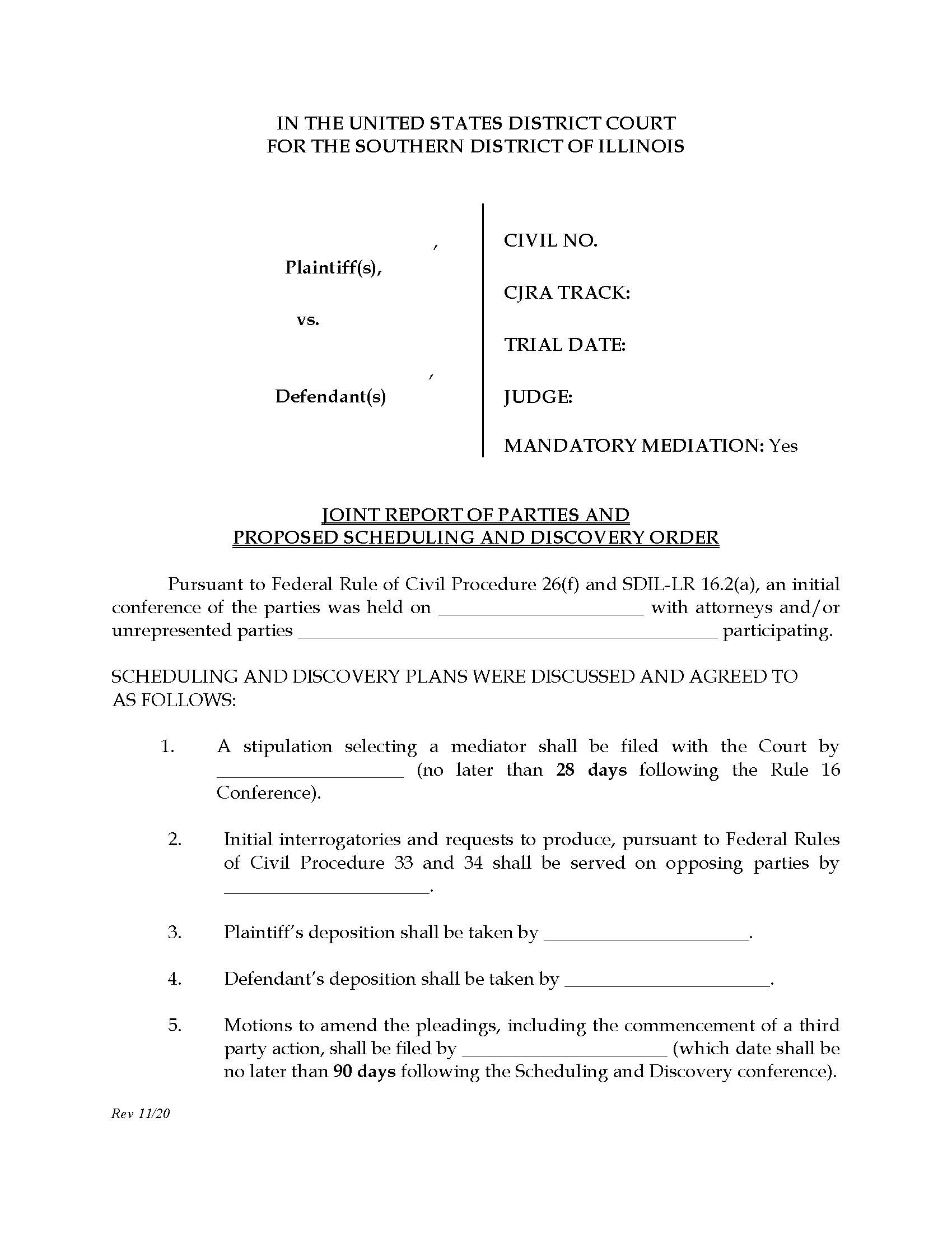 Joint Report Of Parties Proposed Scheduling And Discovery Order (Judge Dugan)} | Pdf Fpdf Docx | Illinois