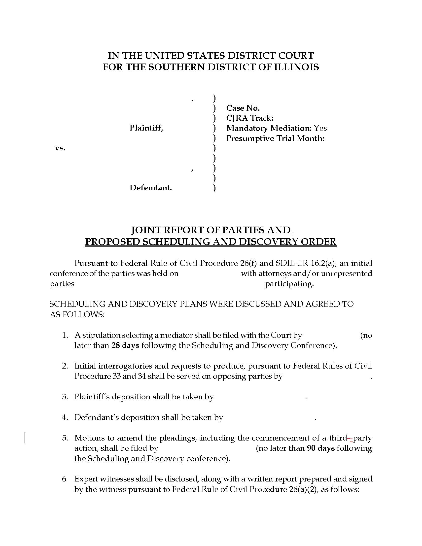 Joint Report Of Parties Proposed Scheduling And Discovery Order | Pdf Fpdf Docx | Illinois