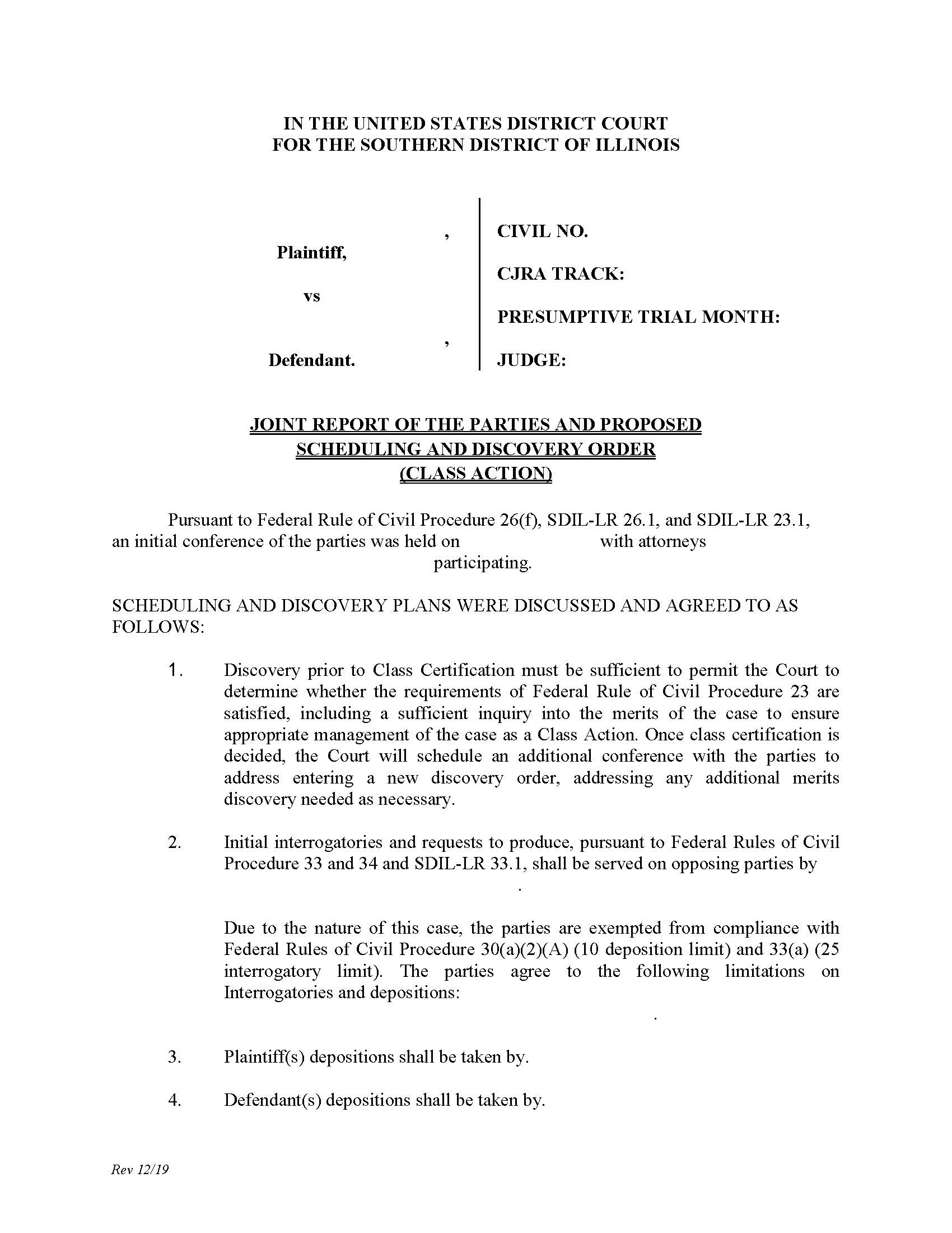 Joint Report Proposed Scheduling And Discovery Order (Class Action) {ILSD JR-PSDO-CA} | Pdf Fpdf Doc Docx | Illinois
