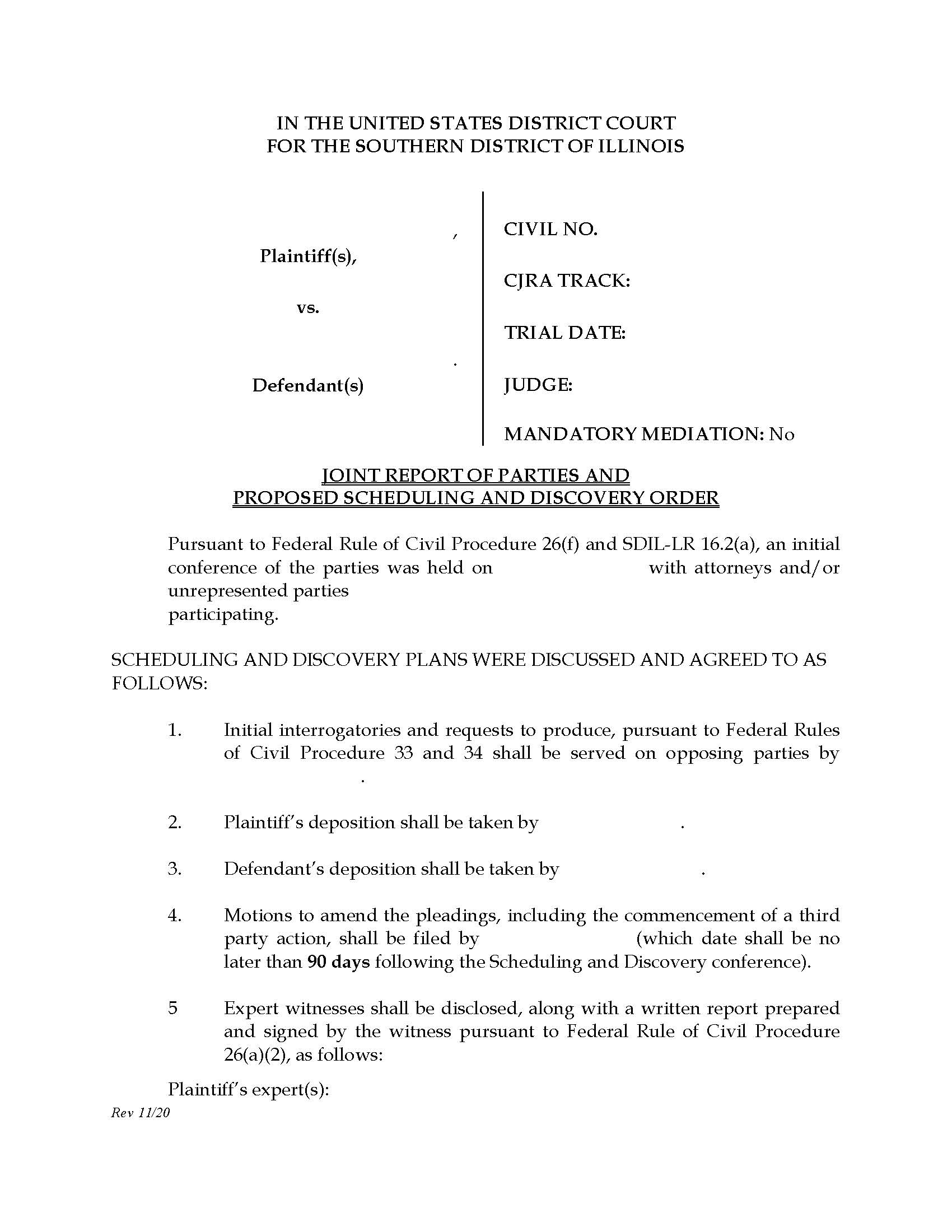 Joint Report Proposed Scheduling Discovery (Not Referred-Judge Dugan) {ILSD JRPSDNR_DWD} | Pdf Fpdf Docx | Illinois