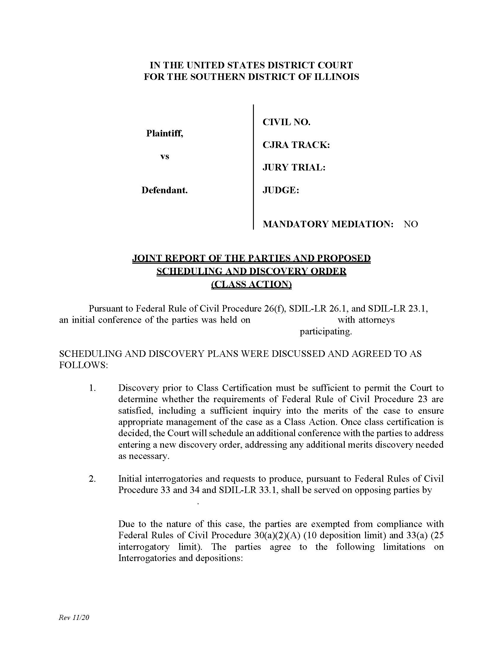 Joint Report Proposed Scheduling Discovery Order (Class Action - Judge Dugan) {ILSD JRPSDOCA_DWD} | Pdf Fpdf Docx | Illinois