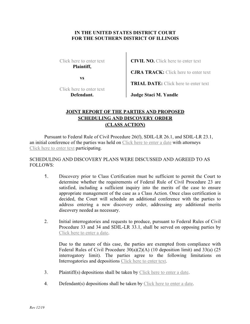 Joint Report Proposed Scheduling Discovery Order (Class Action - Judge Yandle) {ILSD JRPSDOCA_SMY} | Pdf Fpdf Docx | Illinois