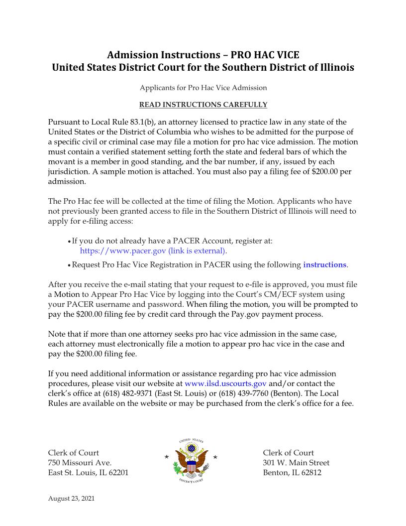 Motion For Pro Hac Vice Admission | Pdf Fpdf Docx | Illinois