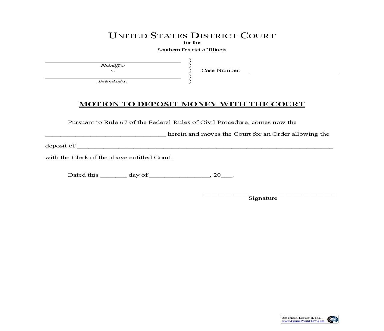 Motion To Deposit Money With Court | Pdf Fpdf Doc Docx | Illinois