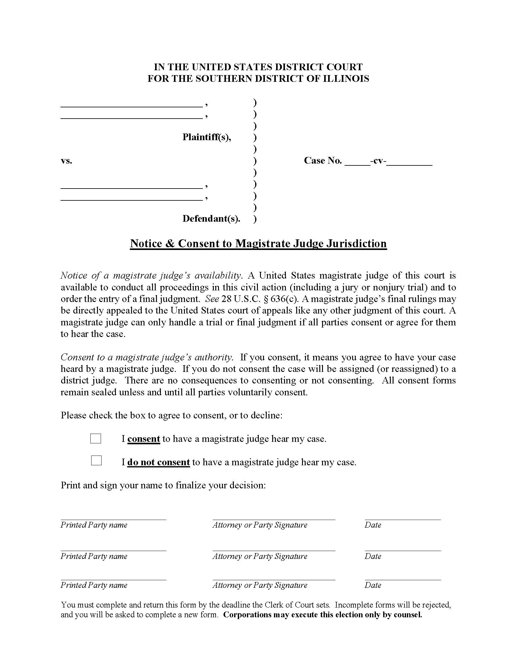 Notice And Consent To Magistrate Judge Jurisdiction (Represented Parties) | Pdf Fpdf Doc Docx | Illinois
