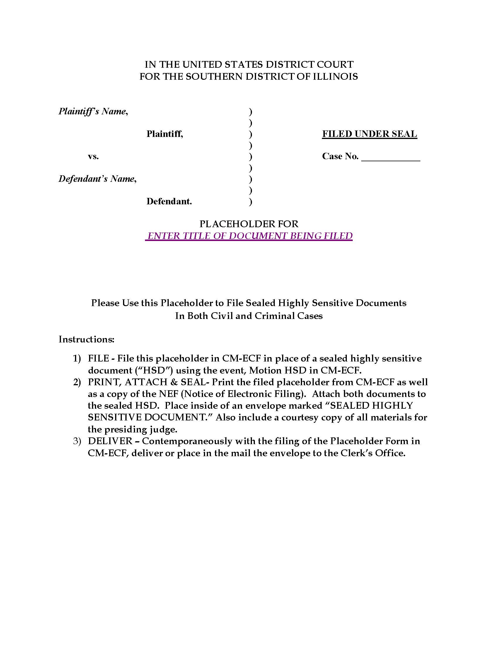 Placeholder For Highly Sensitive Document Filed Under Seal | Pdf Fpdf Docx | Illinois