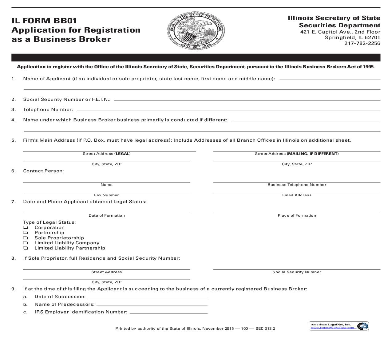 Application For Registration As A Business Broker {BB01} | Pdf Fpdf Doc Docx | Illinois