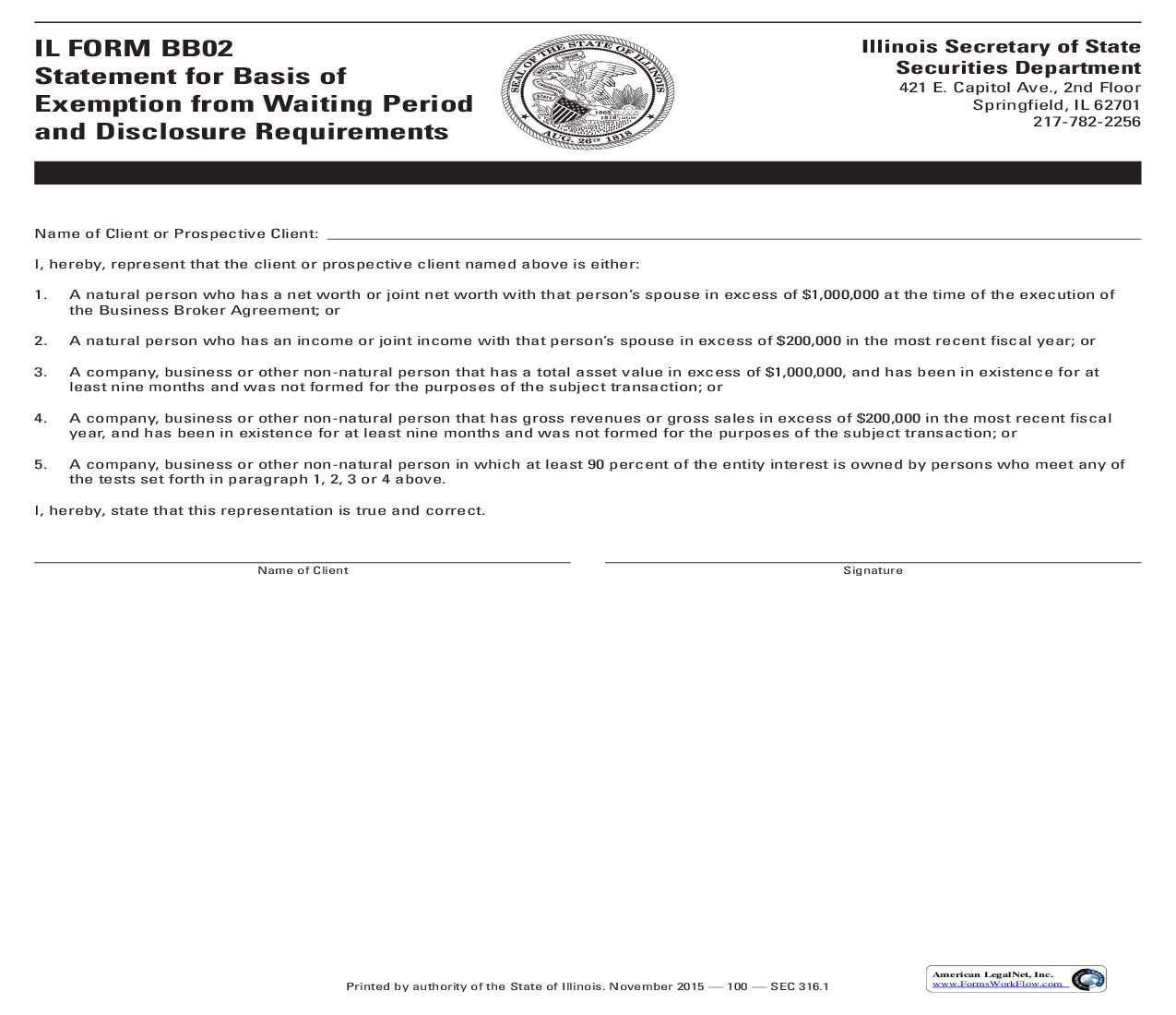 Statement For Basis Of Exemption From Waiting Period And Disclosure Requirements {BB02} | Pdf Fpdf Doc Docx | Illinois
