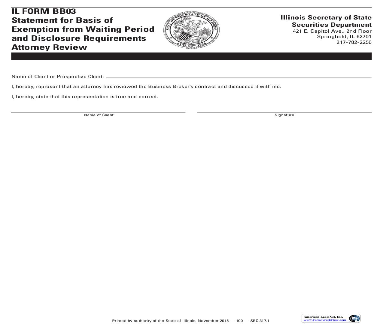 Statement For Basis Of Exemption From Waiting Period And Disclosure Requirements Attorney Review {BB03} | Pdf Fpdf Doc Docx | Illinois