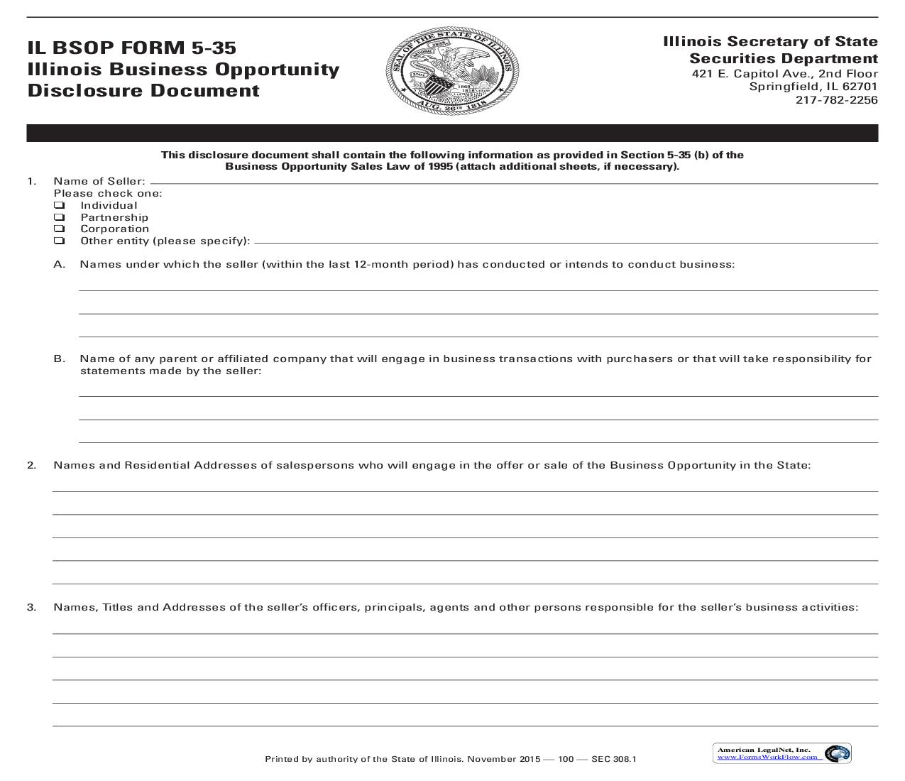 Illinois Business Opportunity Disclosure Document {5-35} | Pdf Fpdf Doc Docx | Illinois