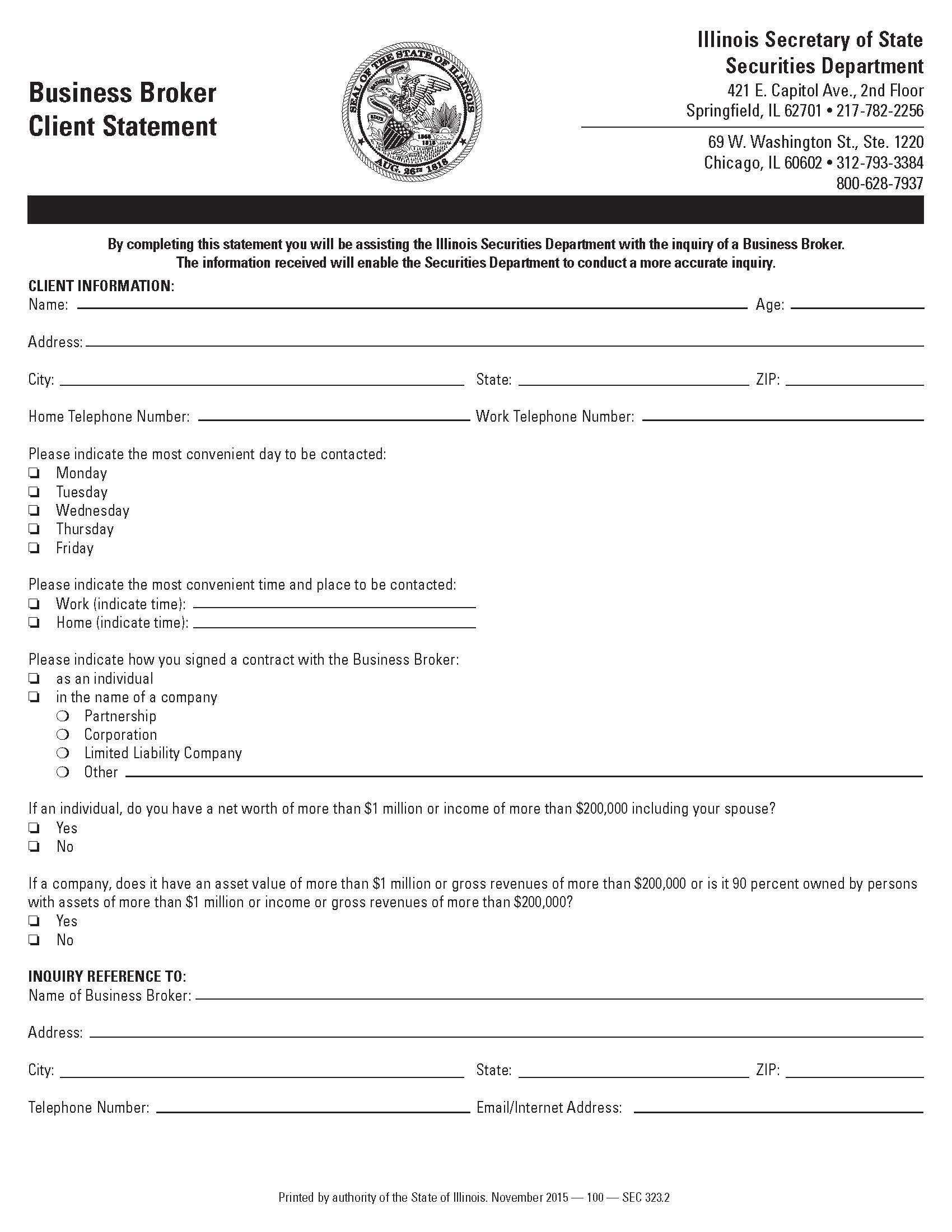 Business Broker Client Statement {SEC 323} | Pdf Fpdf Doc Docx | Illinois