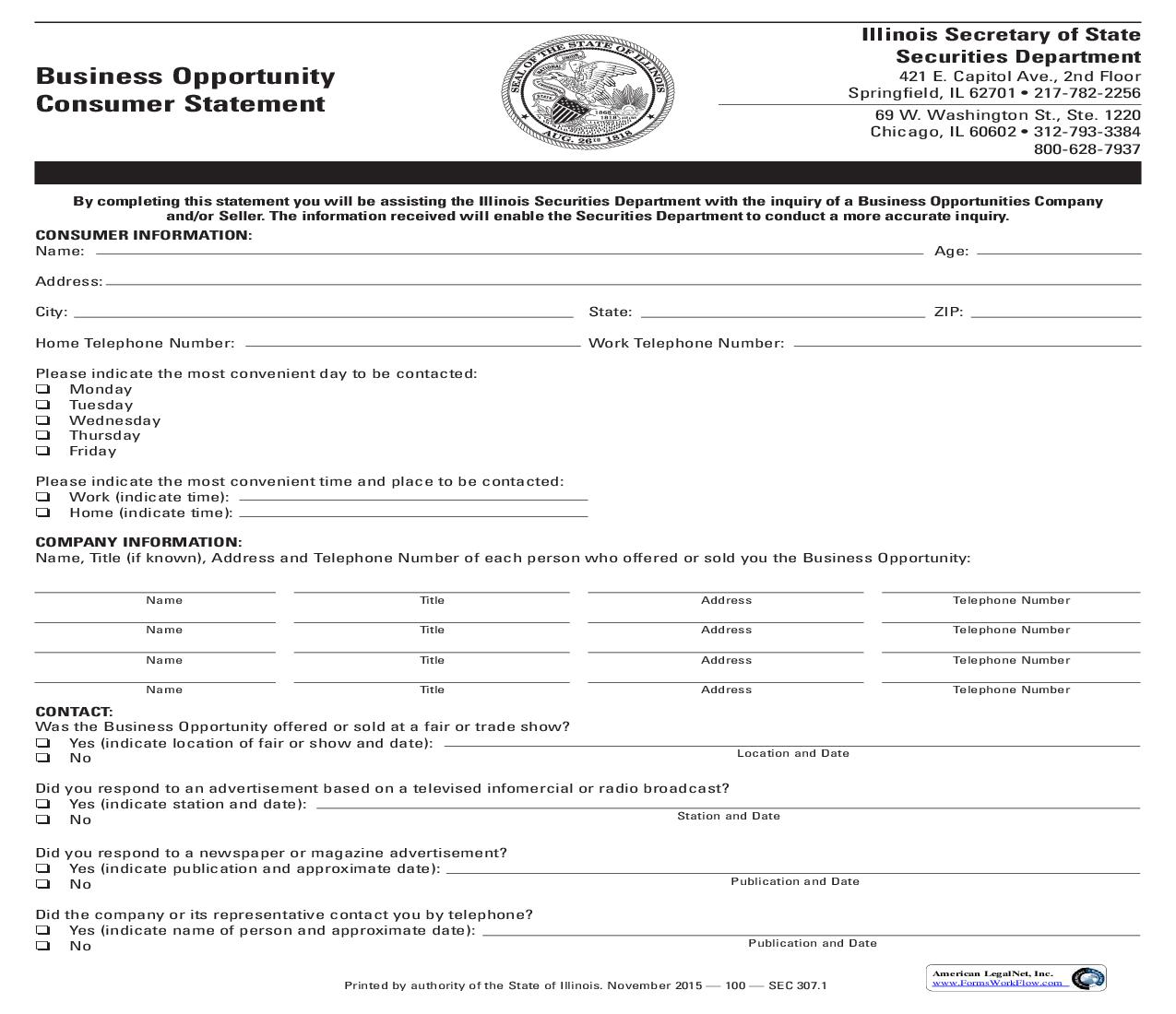 Business Opportunity Consumer Statement {SEC 307} | Pdf Fpdf Doc Docx | Illinois