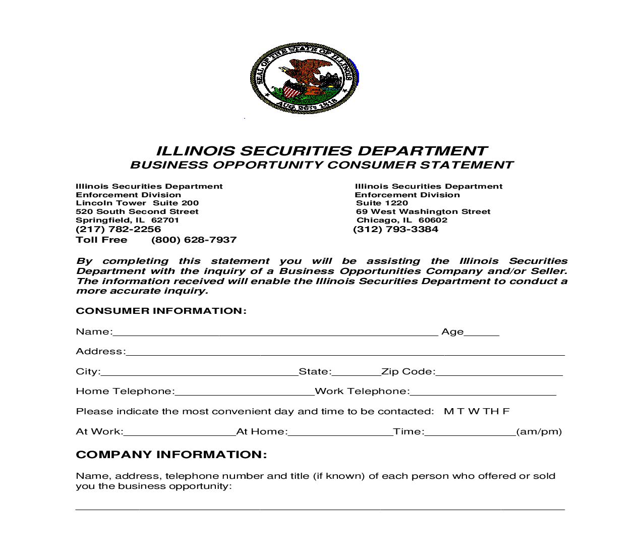 Business Opportunity Consumer Statement | Pdf Docx | Illinois