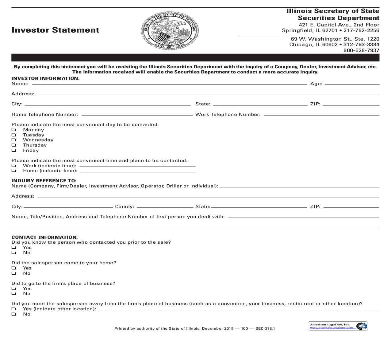 Investor Statement {SEC 318} | Pdf Fpdf Doc Docx | Illinois