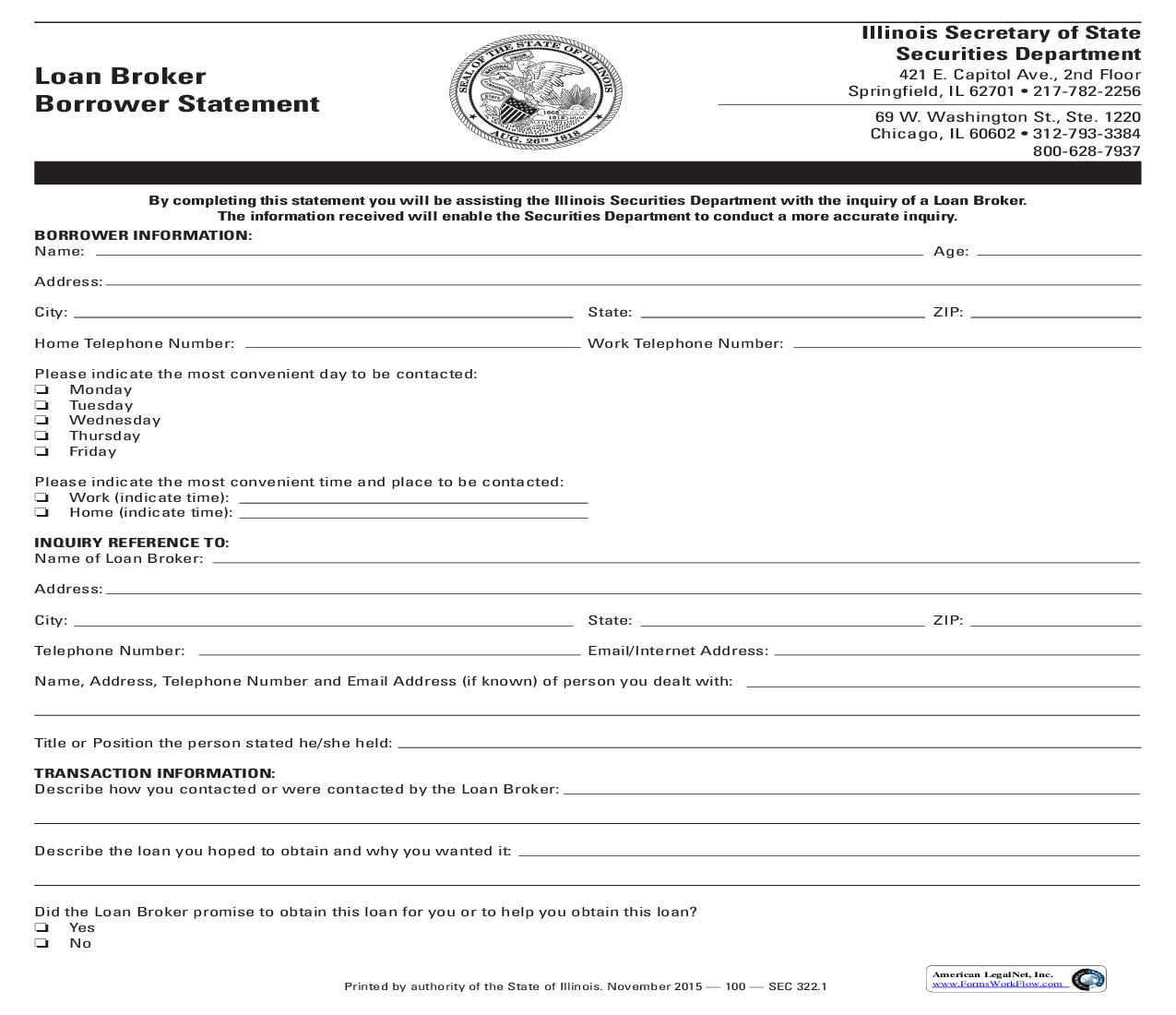 Loan Broker Borrower Statement {SEC 322} | Pdf Fpdf Doc Docx | Illinois