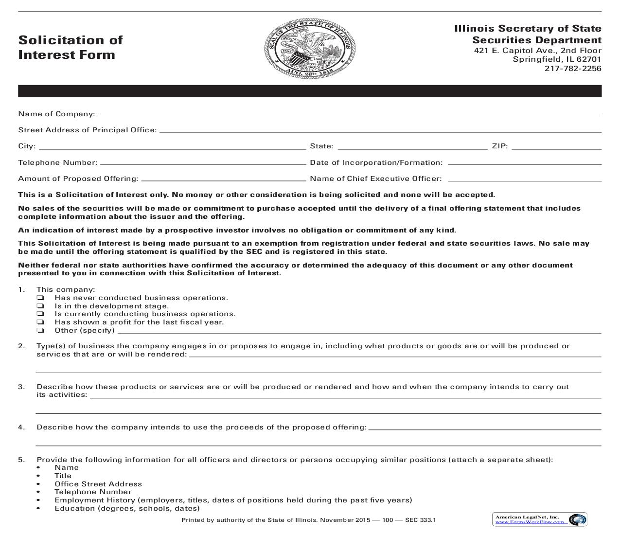 Solicitation Of Interest Form {SEC 333} | Pdf Fpdf Doc Docx | Illinois