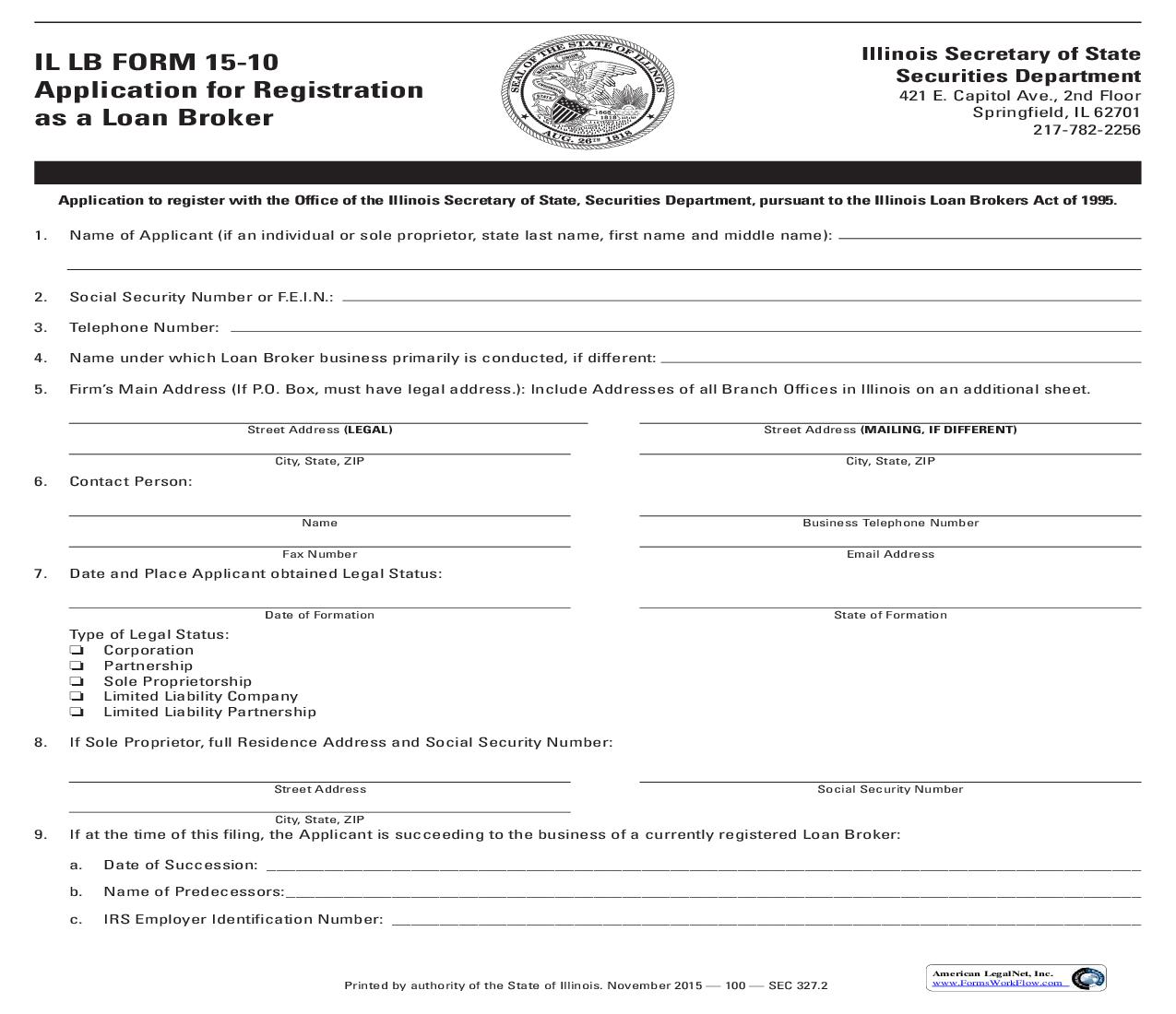 Application For Registration As A Loan Broker {LB15-10} | Pdf Fpdf Doc Docx | Illinois