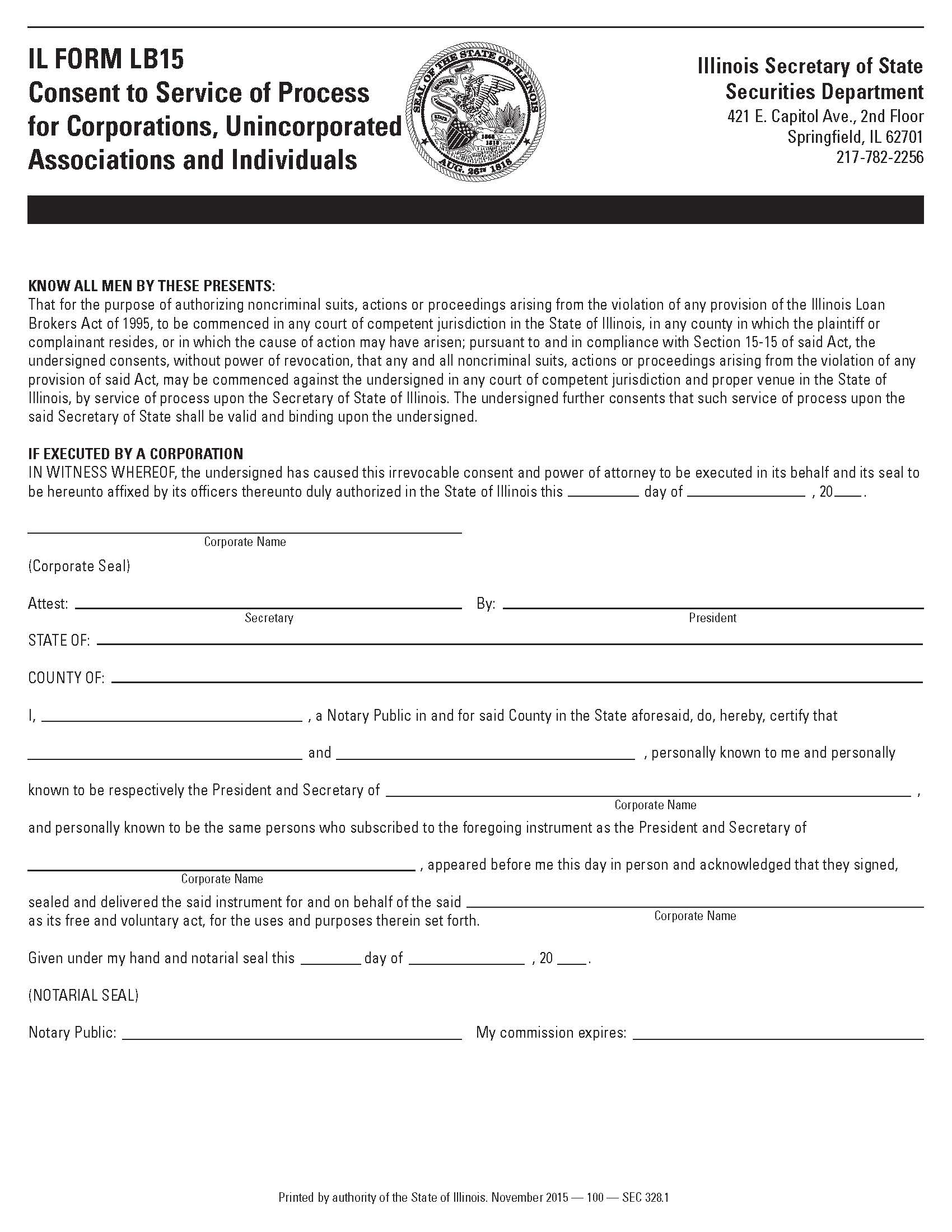 Consent To Service Of Process {LB15} | Pdf Fpdf Doc Docx | Illinois
