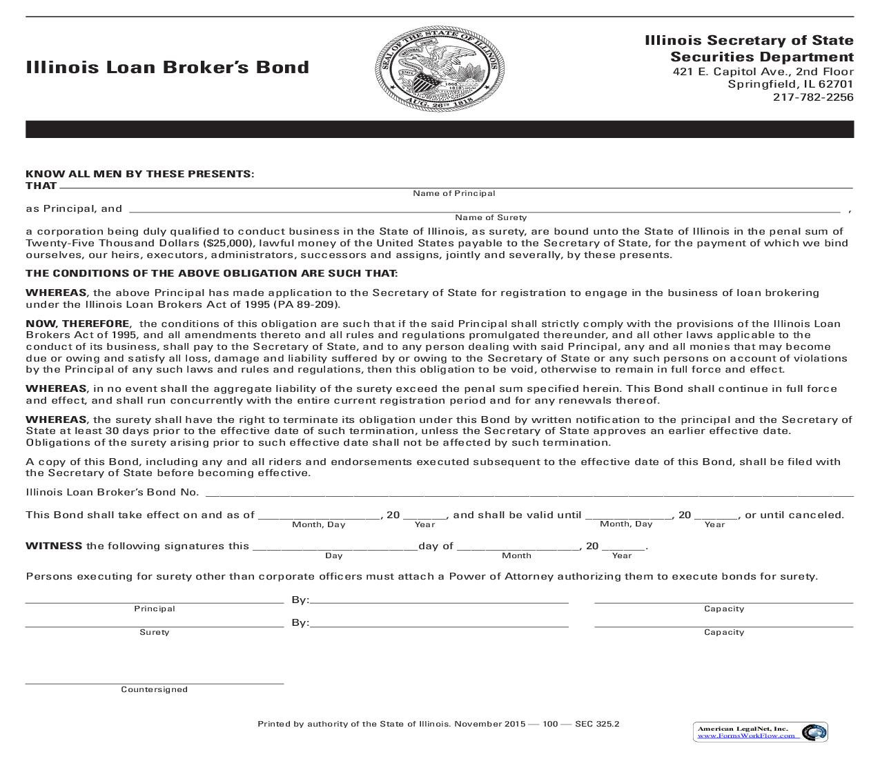 Illinois Loan Brokers Bond {SEC 325} | Pdf Fpdf Doc Docx | Illinois