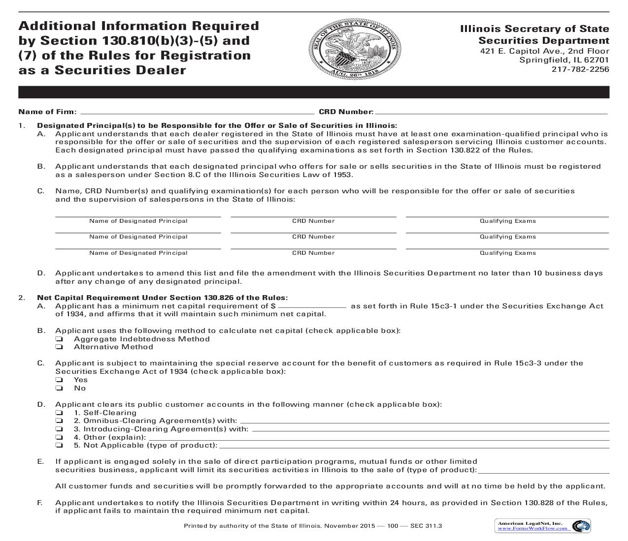 Additional Information For Registration As Securities Dealer {SEC 311} | Pdf Fpdf Doc Docx | Illinois