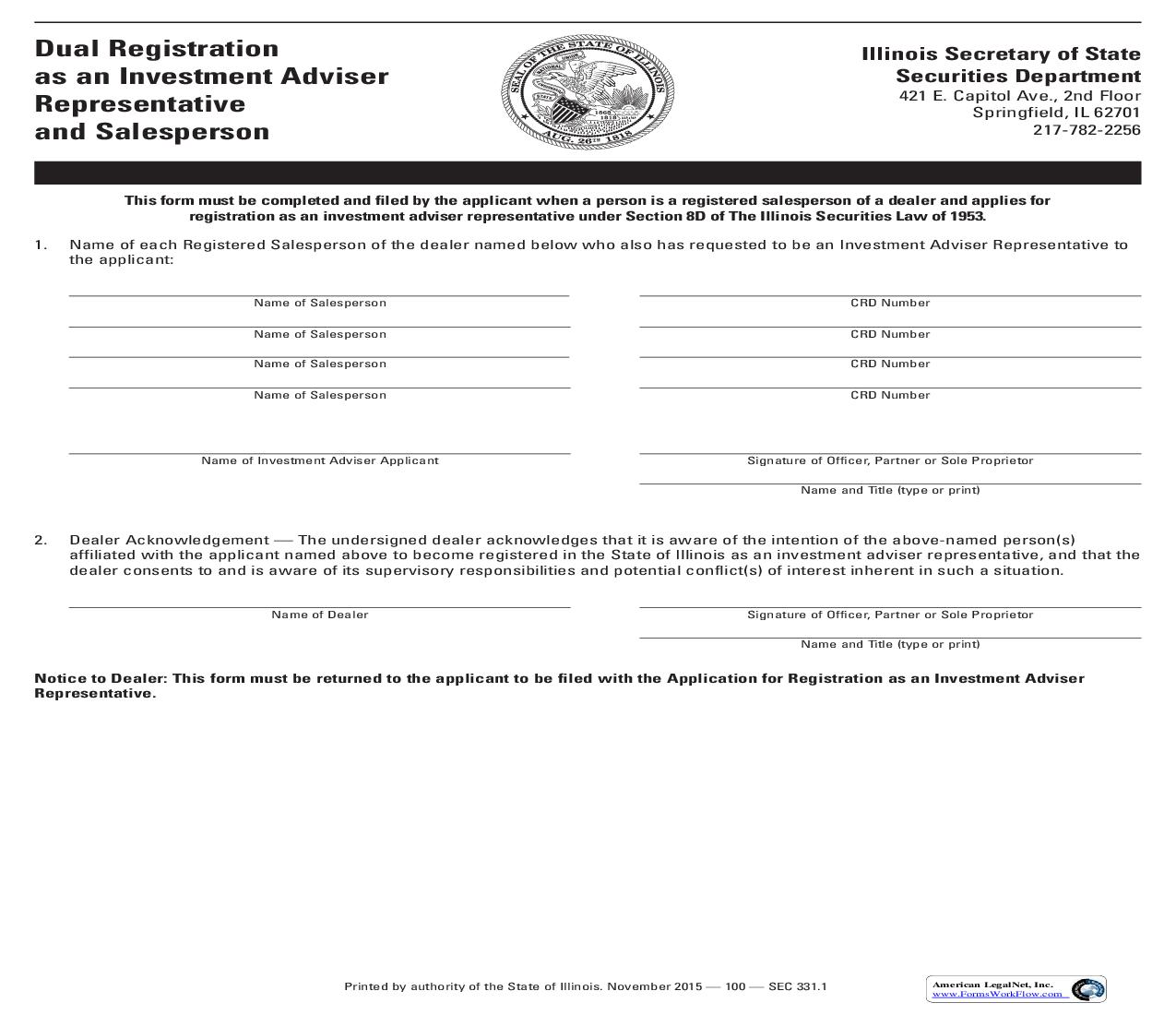 Dual Registration As An Investment Adviser Representative And Salesperson {SEC331} | Pdf Fpdf Doc Docx | Illinois