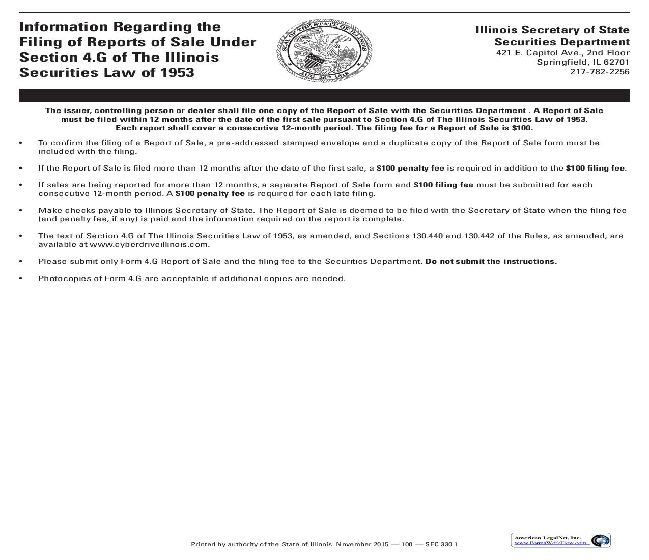 Report Of Sale Pursuant To Section 4G Of The Illinois Securities Law of 1953 {SEC 330} | Pdf Fpdf Doc Docx | Illinois