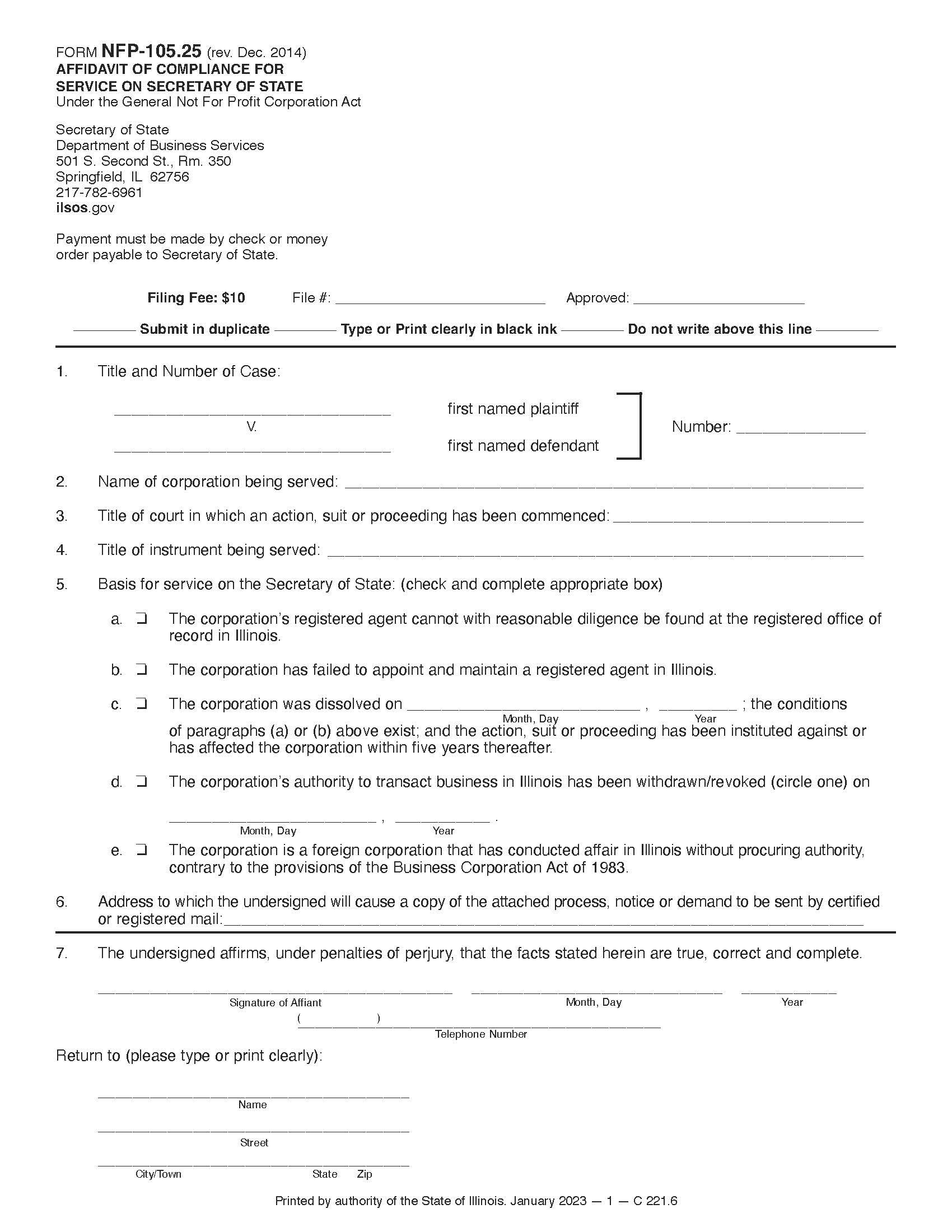 Affidavit Of Compliance For Service On Secretary Of State NFP {NFP-105.25} | Pdf Fpdf Docx | Illinois