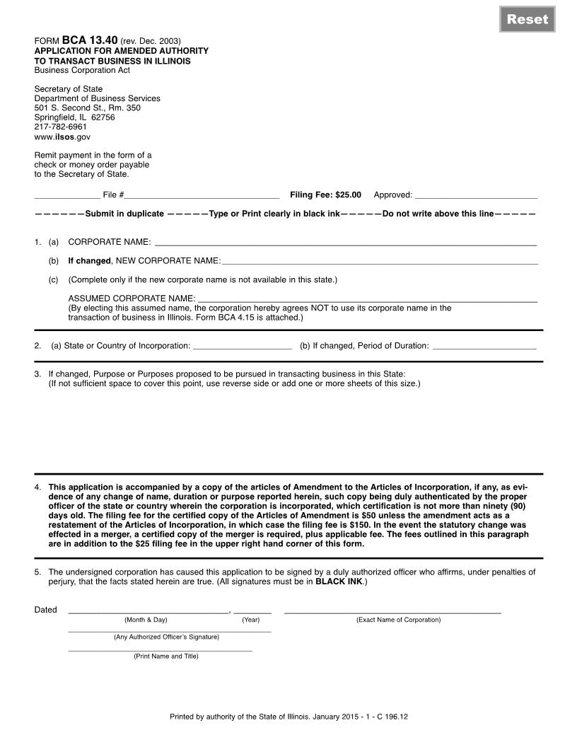 Application For Amended Authority To Transact Business In Illinois {BCA-13.40} | Pdf Fpdf Doc Docx | Illinois