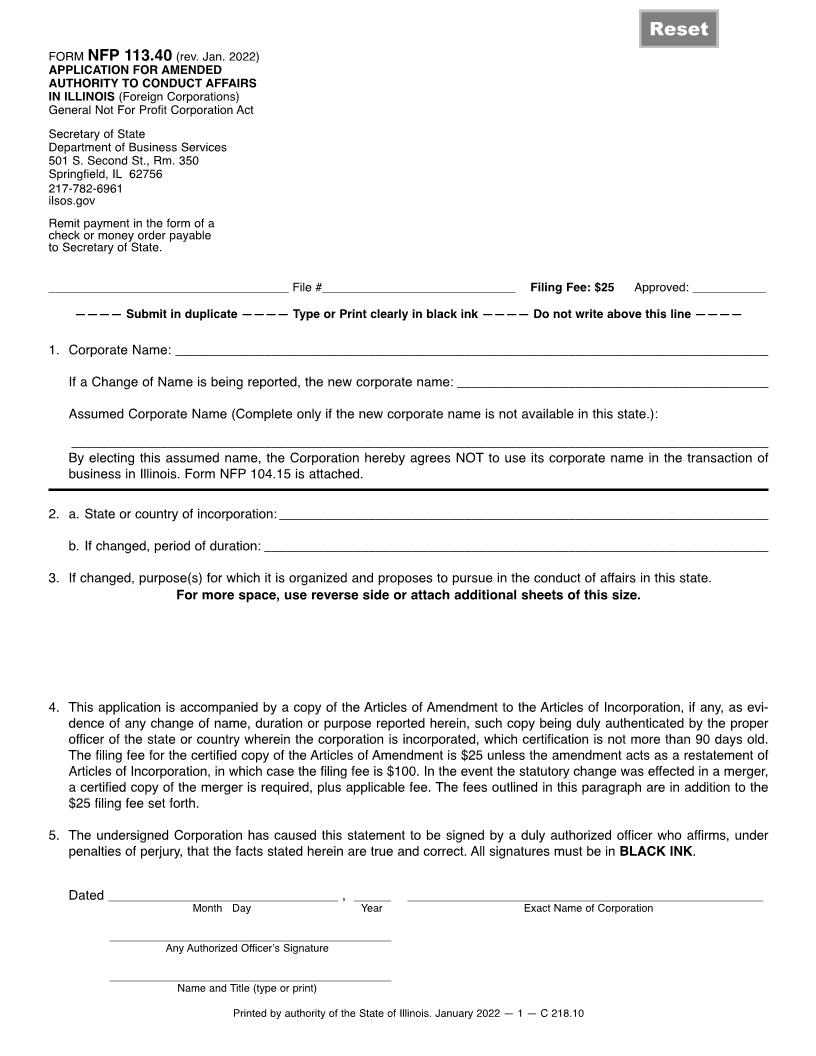 Application For Amended Certificate Of Authority To Conduct Affairs In Illinois {NFP-113.40} | Pdf Fpdf Doc Docx | Illinois