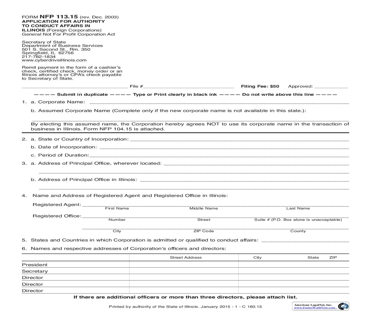 Application For Authority To Conduct Affairs In Illinois Under The General Not For Profit Corporation Act {NFP-113.15} | Pdf Fpdf Doc Docx | Illinois