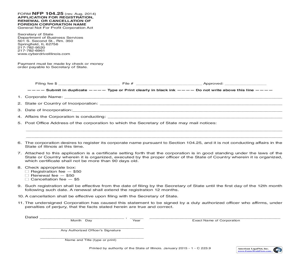 Application For Registration Renewal Or Cancellation Of Foreign Corp Name Under General Not For Profit Corporation Act {NFP-104.25} | Pdf Fpdf Doc Docx | Illinois