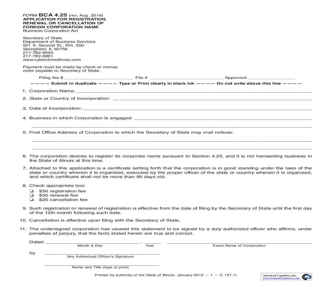 Application For Registration Renewal Or Cancellation Of Foreign Corporation Name {BCA-4.25} | Pdf Fpdf Doc Docx | Illinois